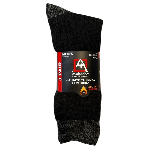 NWT Avalanche Mens Crew Socks Shoe Size 6-12 Black Gray Thermal Cushioned 3 PAIR - Picture 3 of 4